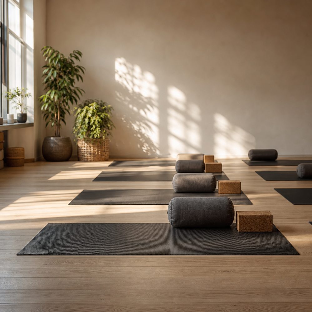 Students practising yoga in a group class