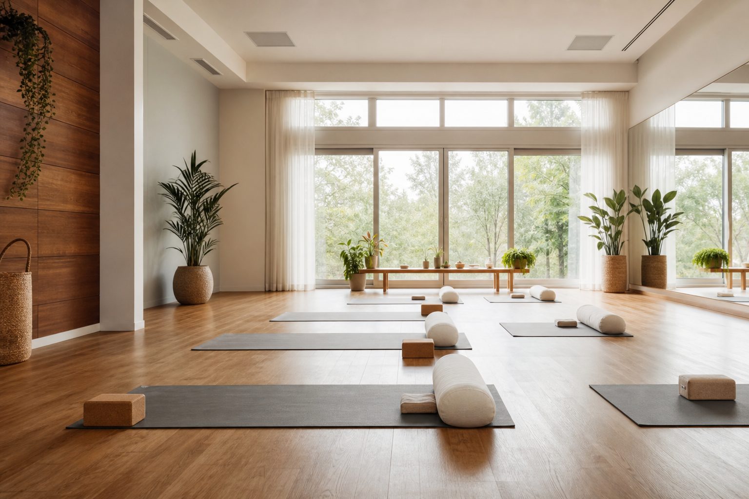 Sunlit yoga studio with mats arranged in rows