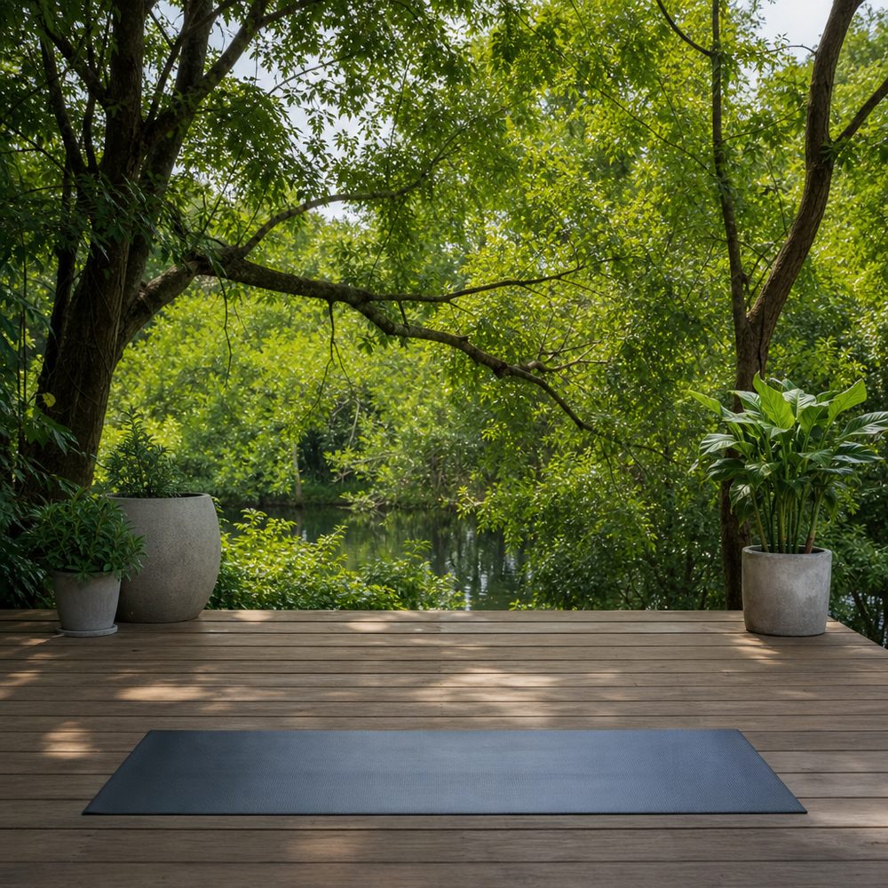 Yoga class practising outdoors among trees